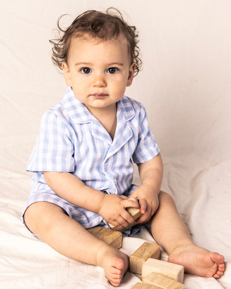 Infant's Light Blue Gingham Summer Romper Petite Plume