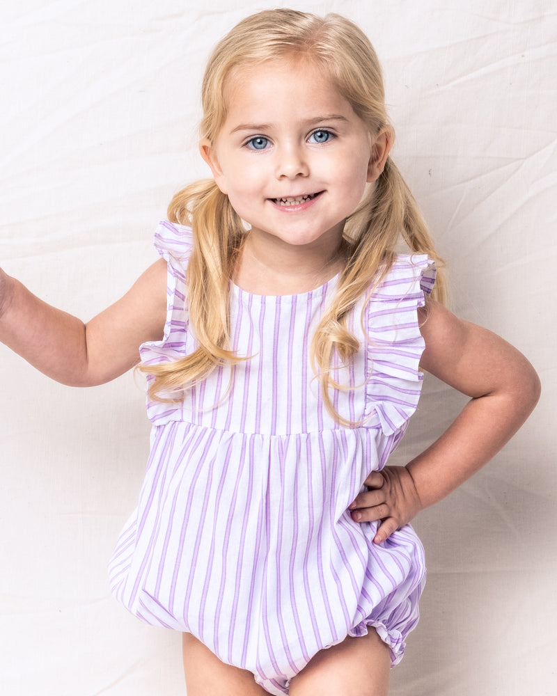 Baby's Twill Ruffled Romper in Lavender French Ticking