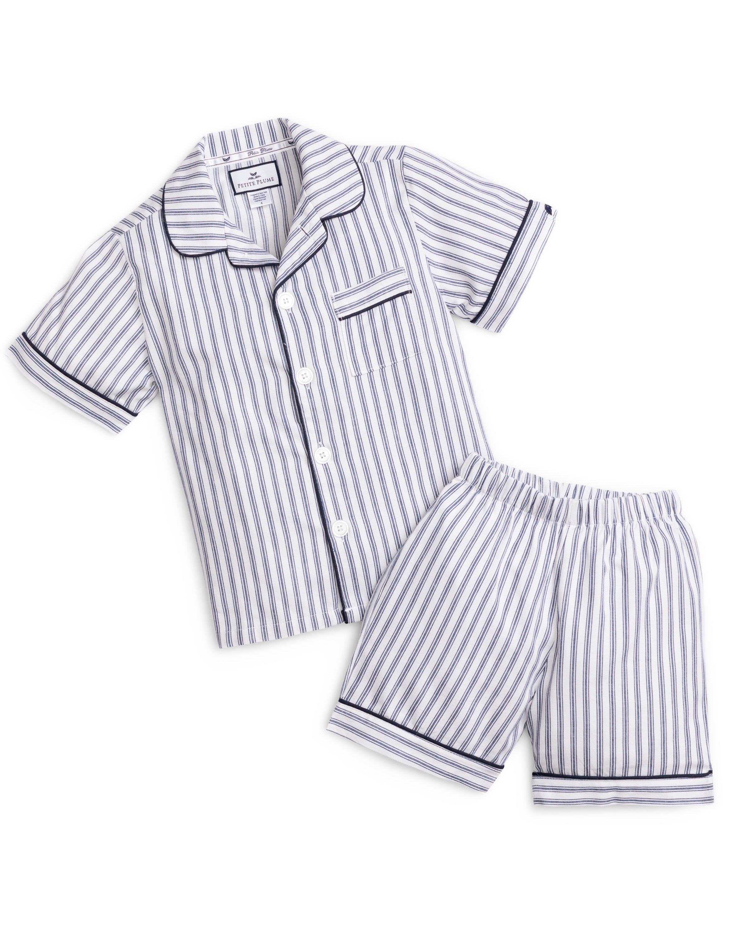 Kid's Twill Pajama Short Set in Navy French Ticking