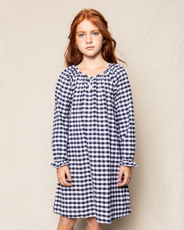 Girl's Flannel Delphine Nightgown in Navy Gingham