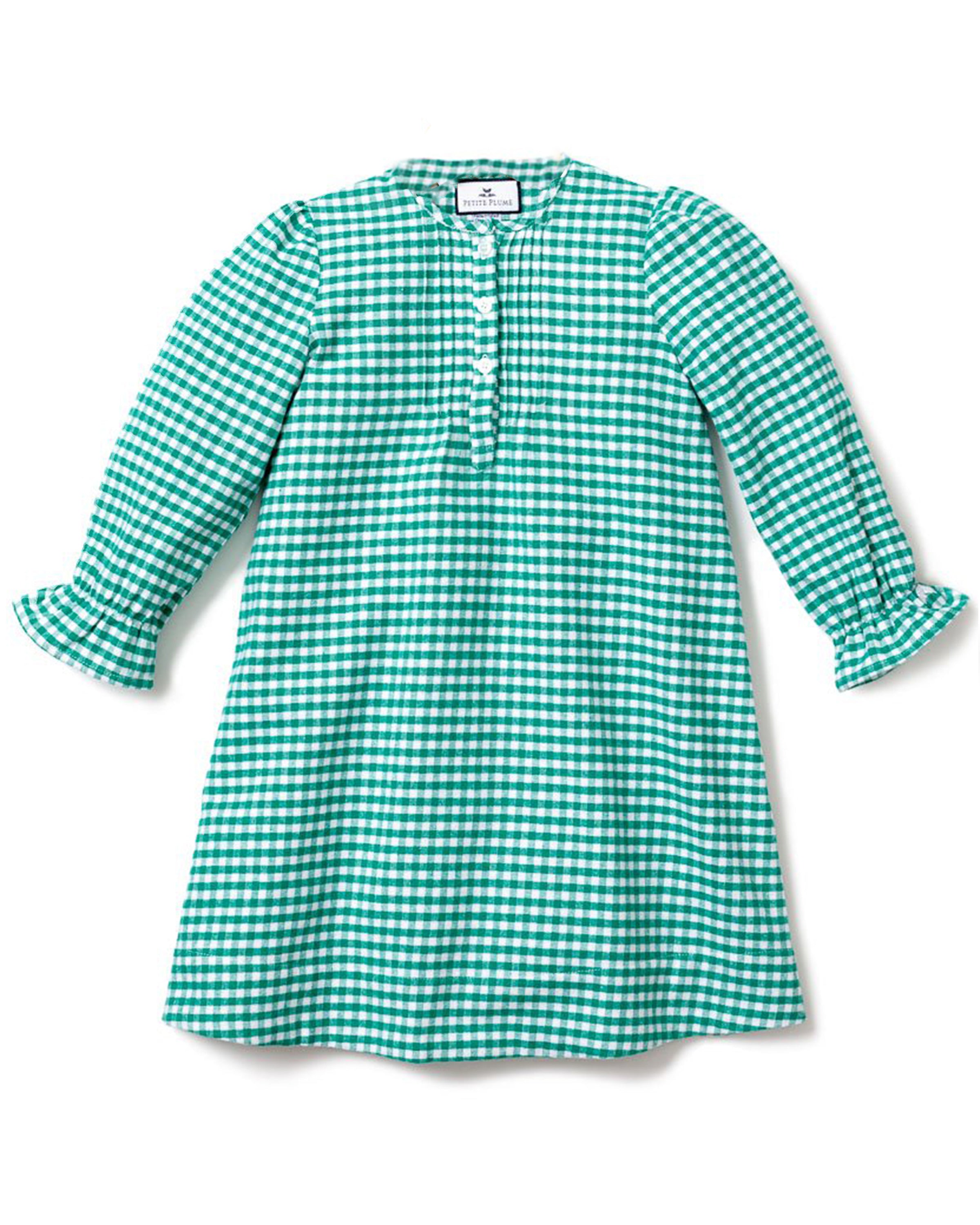 Girl's Flannel Beatrice Nightgown in Green Gingham