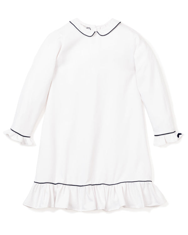 Girl's Twill Sophia Nightgown in White with Navy Piping