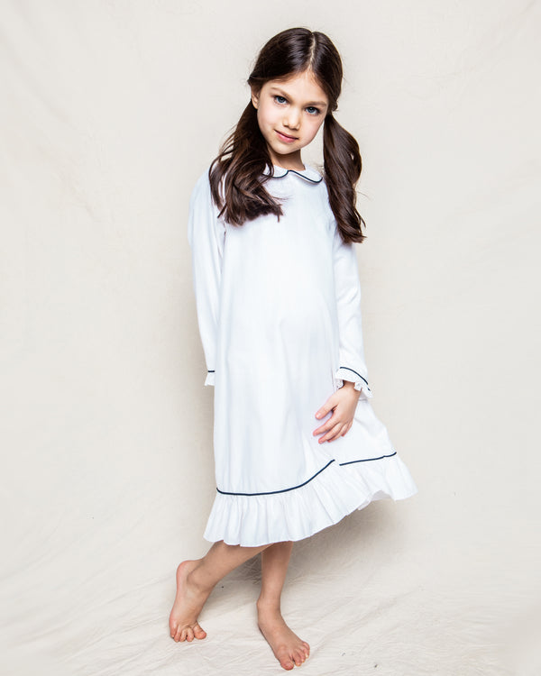 Girl's Twill Sophia Nightgown in White with Navy Piping