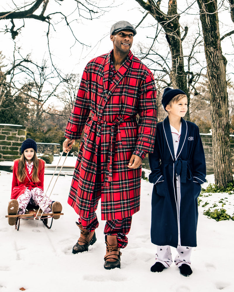 Kid's Flannel Robe in Navy with White Piping