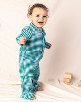Green Gingham Flannel Romper with White Piping