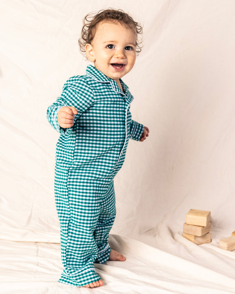 Baby's Flannel Romper in Green Gingham with White Piping