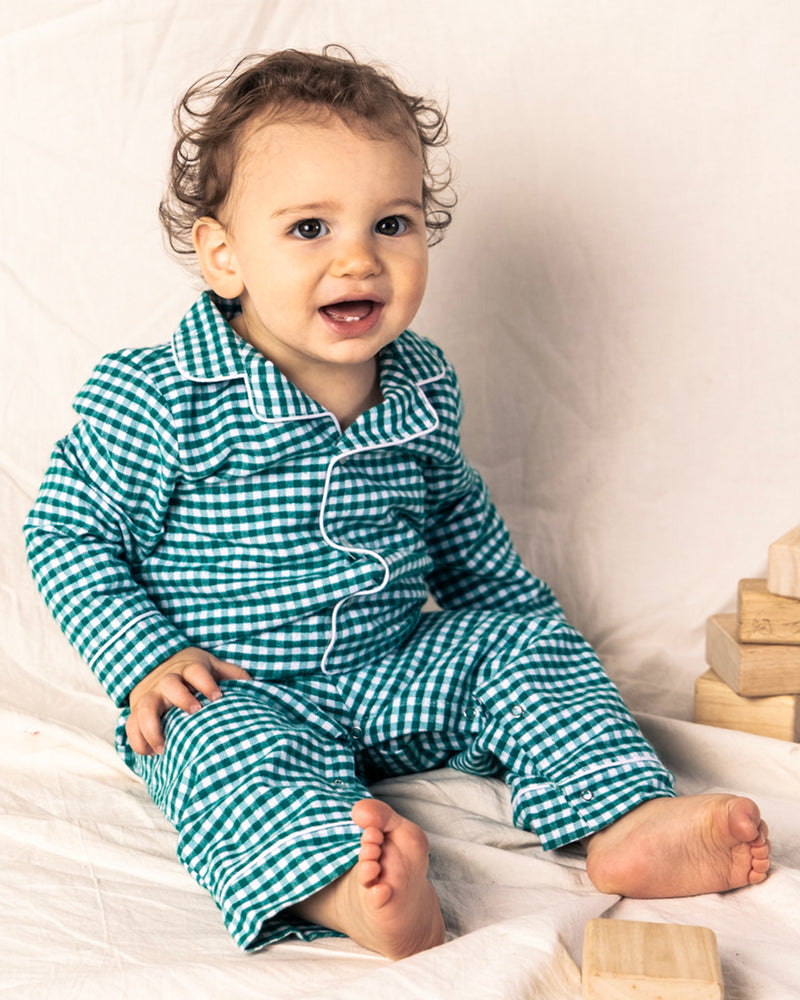 Baby's Flannel Romper in Green Gingham with White Piping