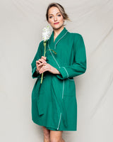 Women's Forest Green Flannel Robe with White Piping