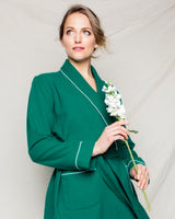 Women's Forest Green Flannel Robe with White Piping