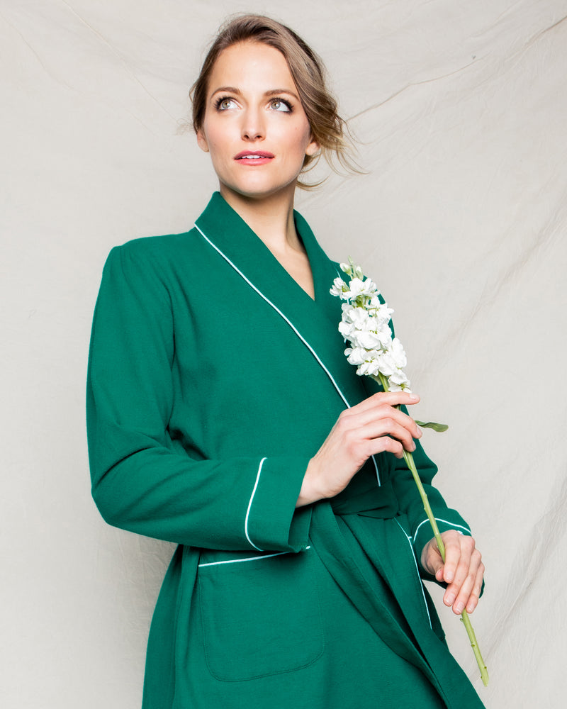 Women's Forest Green Flannel Robe with White Piping