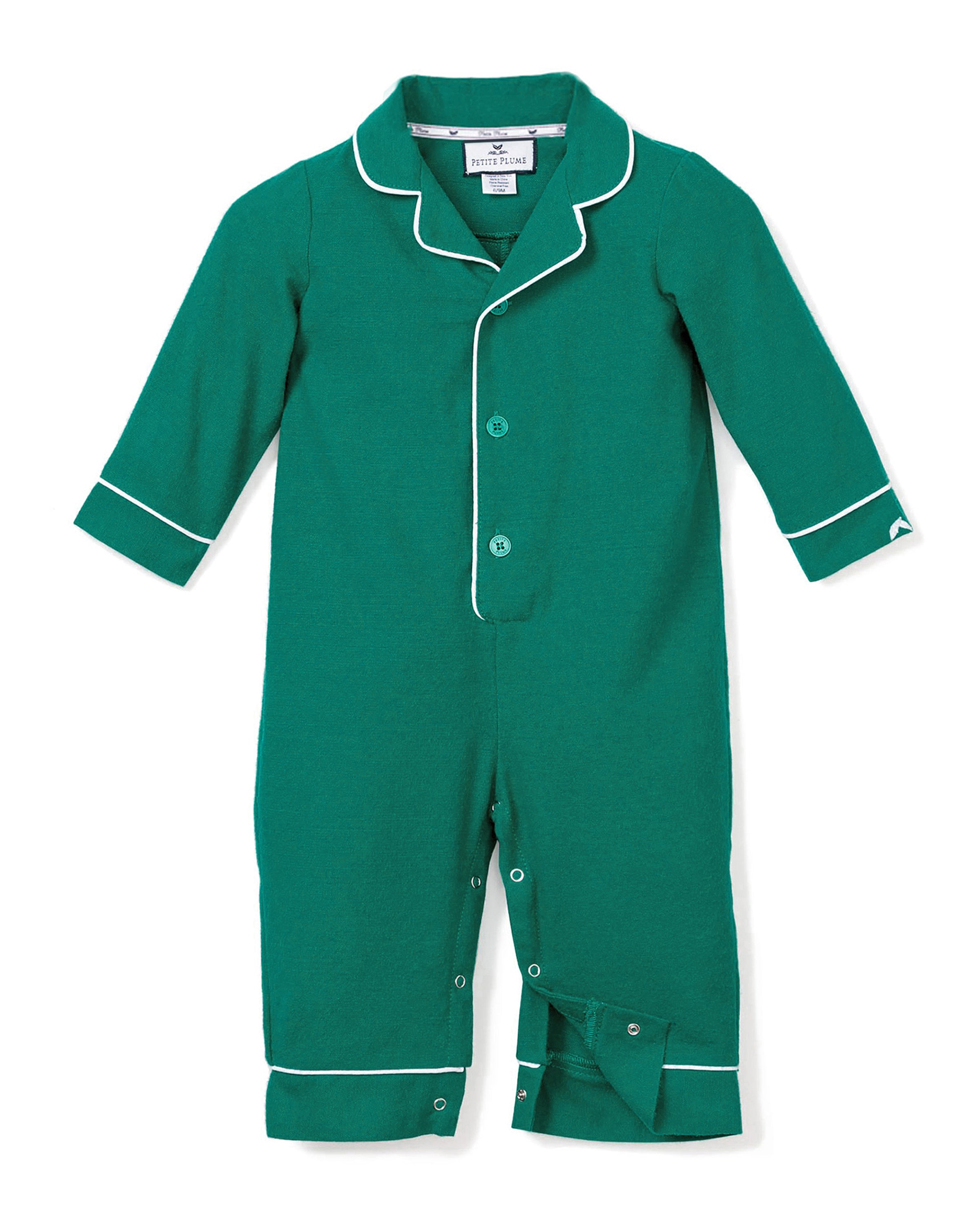 Baby's Flannel Romper in Forest Green with White Piping