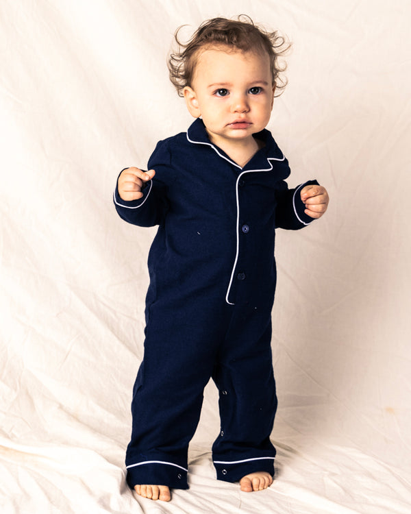 Baby's Flannel Romper in Navy with White Piping
