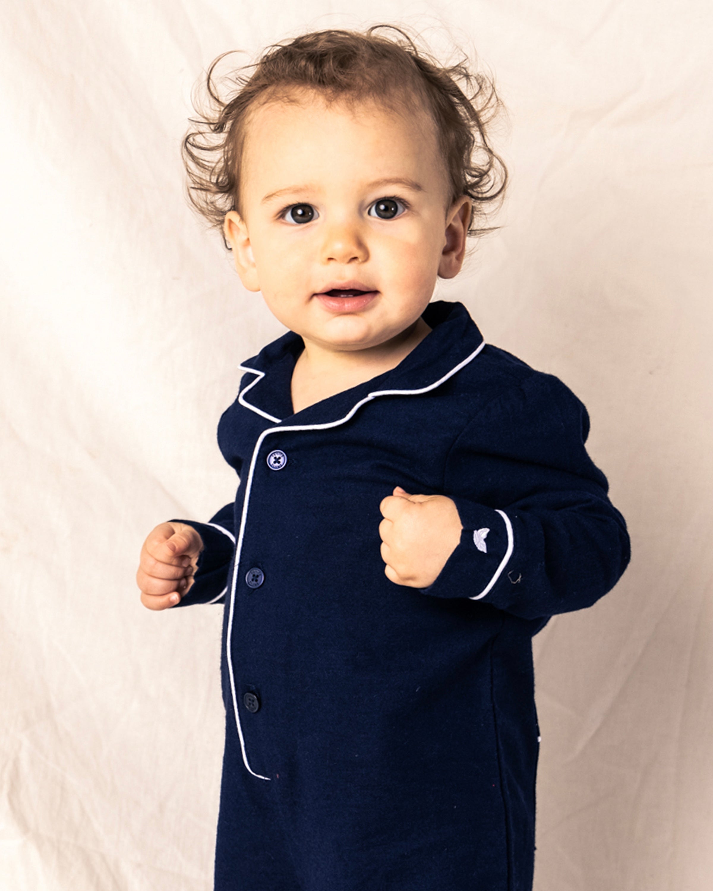 Infant's Navy Romper with White Piping | Petite Plume