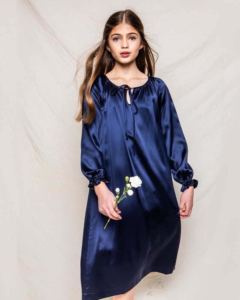 100% Mulberry Navy Silk Kids Delphine Nightgown