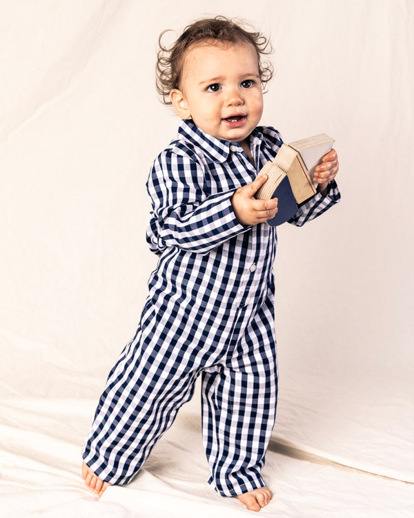 Navy Gingham Twill Winter Romper