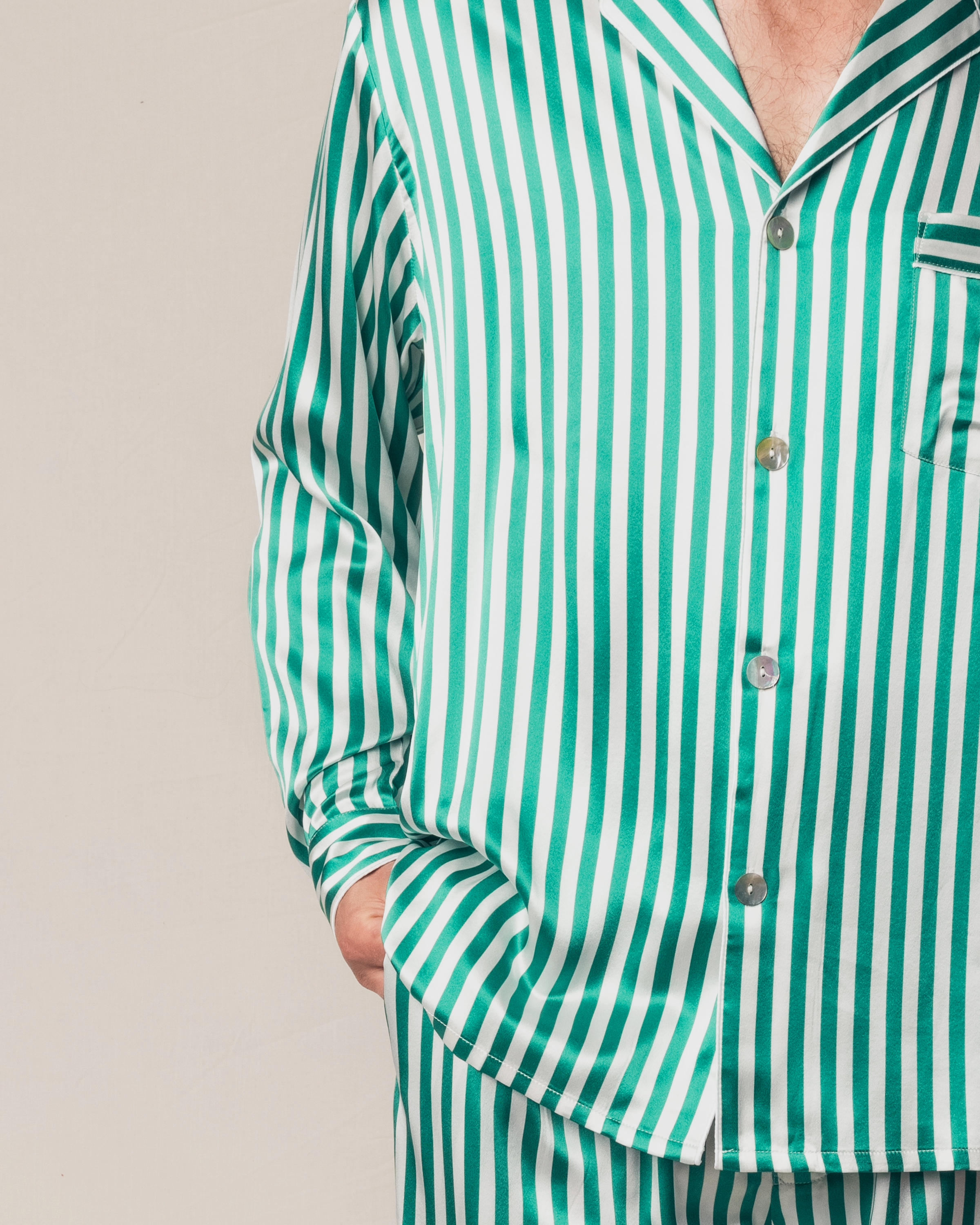 Green and white striped silk pajamas online
